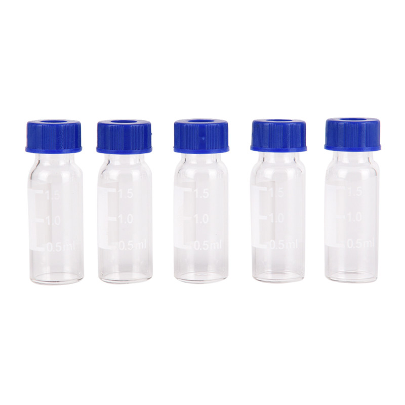5 pc gennemsigtigt plastlåg, der er gradueret med rund glasflaske, blå skruelågskrue på hætteglas til gradueringsprøve