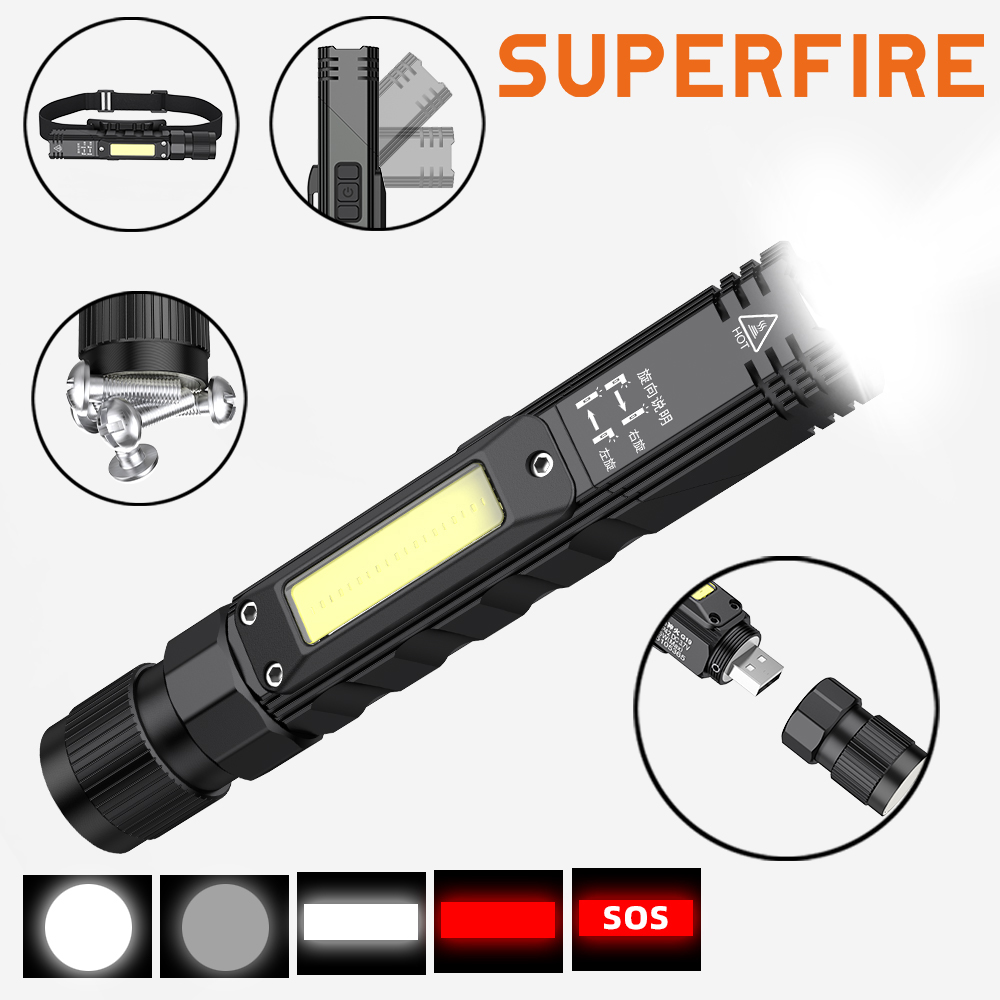 Superfire  g19 ledet+kolbe-hodelykt med magnet 90 ° lommelykt usb-oppladbar frontlykt kraftig lommelykt til camping arbeidslys