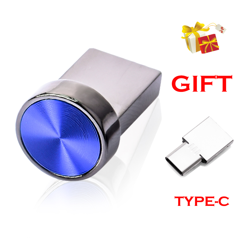 Jaster Mini Knop Usb Flash Drive 128Gb Draagbare Metalen Geheugenstick 64Gb Echte Capaciteit Pen Drive 32Gb Vrije TYPE-C Adapters 16Gb: Blauw / 100GB