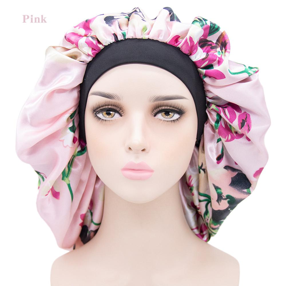 Doppel Schichten Frauen Satin Bonnet Stretch Breite-Krempe Seidige Schlummertrunk Größere Größe Dusche Kappe TB-189/190: Pink Flower