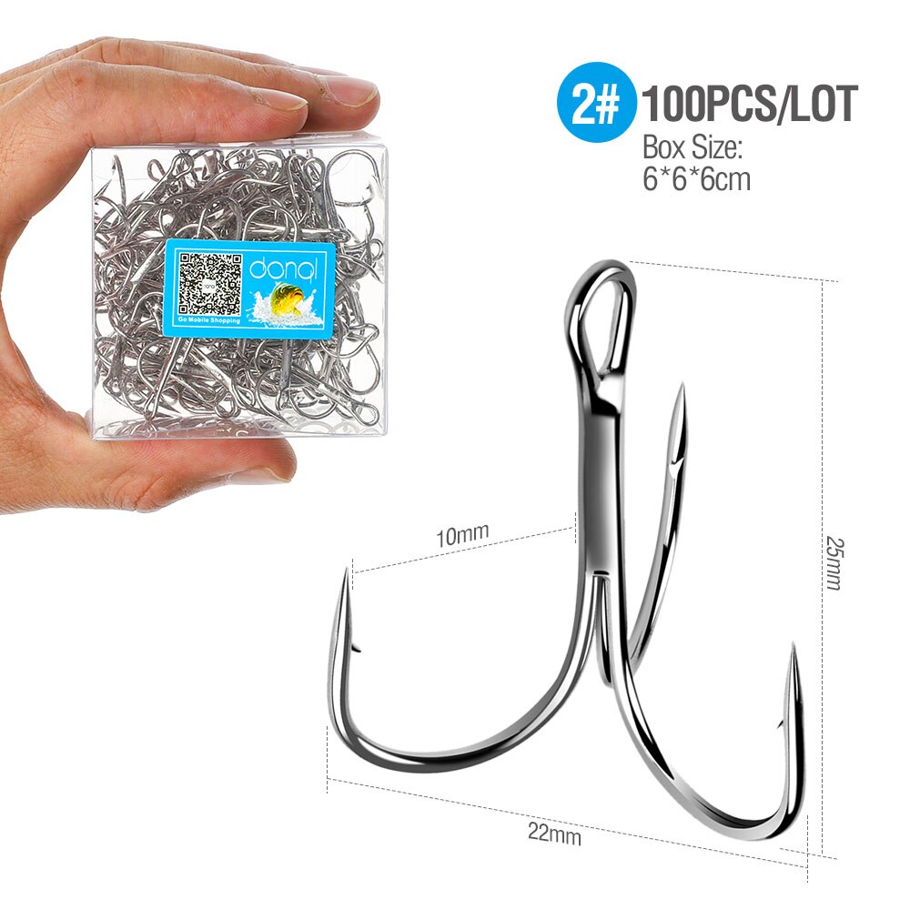 DONQL 100pcs/ Box Treble Fishing Hooks Carbon Steel Barbed Fishhooks Set Triple Hooks Sea Fishing Tackle Accessories For Lures: Size 2