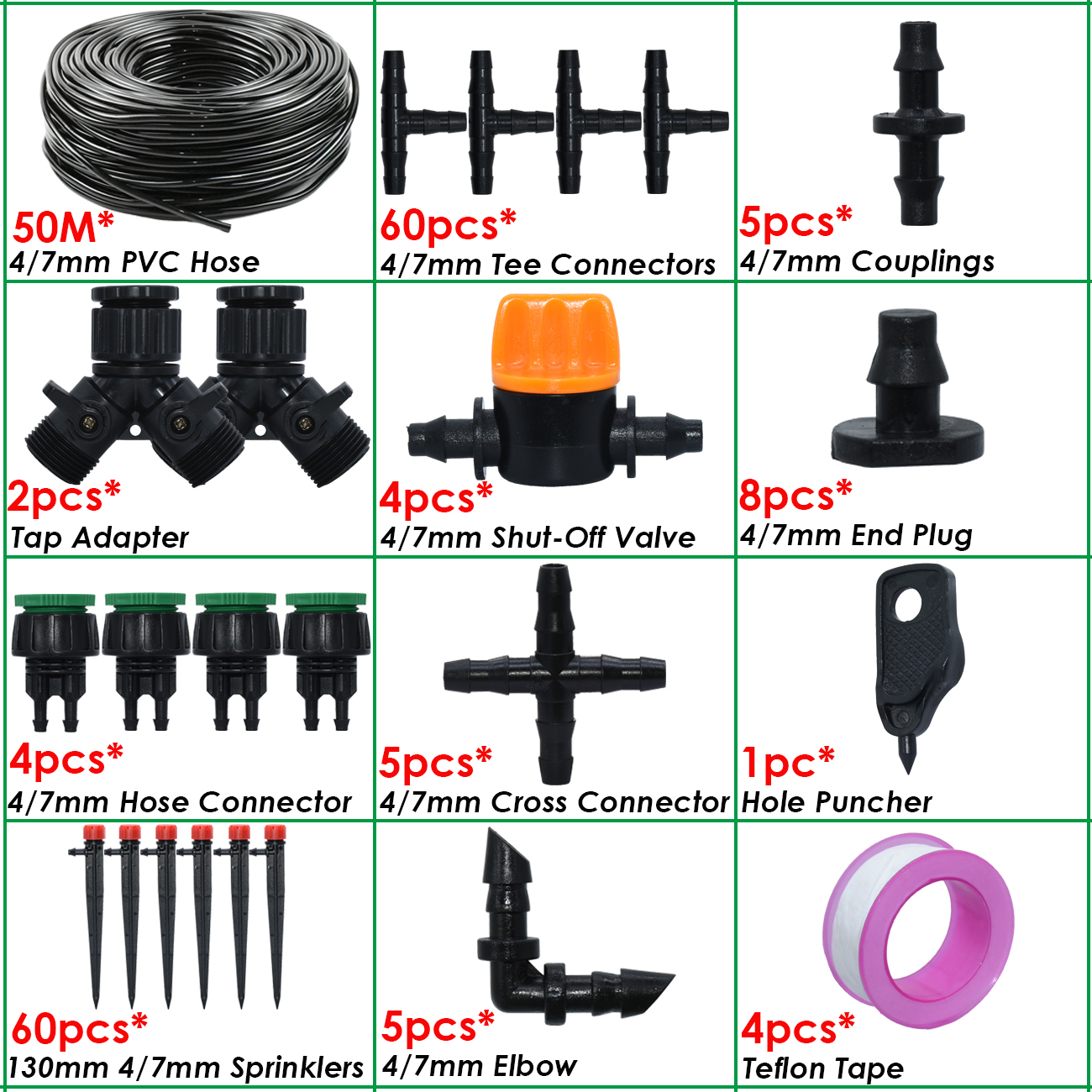 Drip Irrigation System 1/4" Hose 360 Degree Adjustable Sprinkler Kit 4-Way Garden Watering Inserting Ground Micro Flow Dripper: Clear