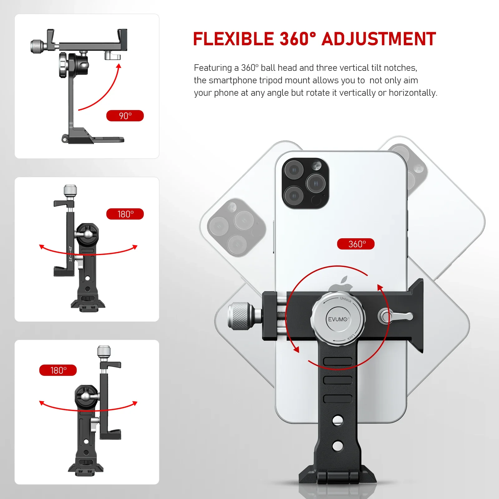 EVUMO PM6 Metalowy statyw do telefonu 360° ° Obrotowe mocowanie na zimną stopkę Arca Swiss Quick Release Plate Clamp do iPhone'a DSLR Camera Mic