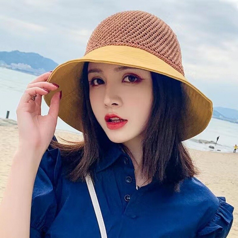 Strand Anti-Uv Visser Hoed Boog Opvouwbare Wide Brim Floppy Meisjes Strooien Hoed Vrouwen Zomer Hoed Uv Beschermen Reizen Cap Lady cap: YELLOW