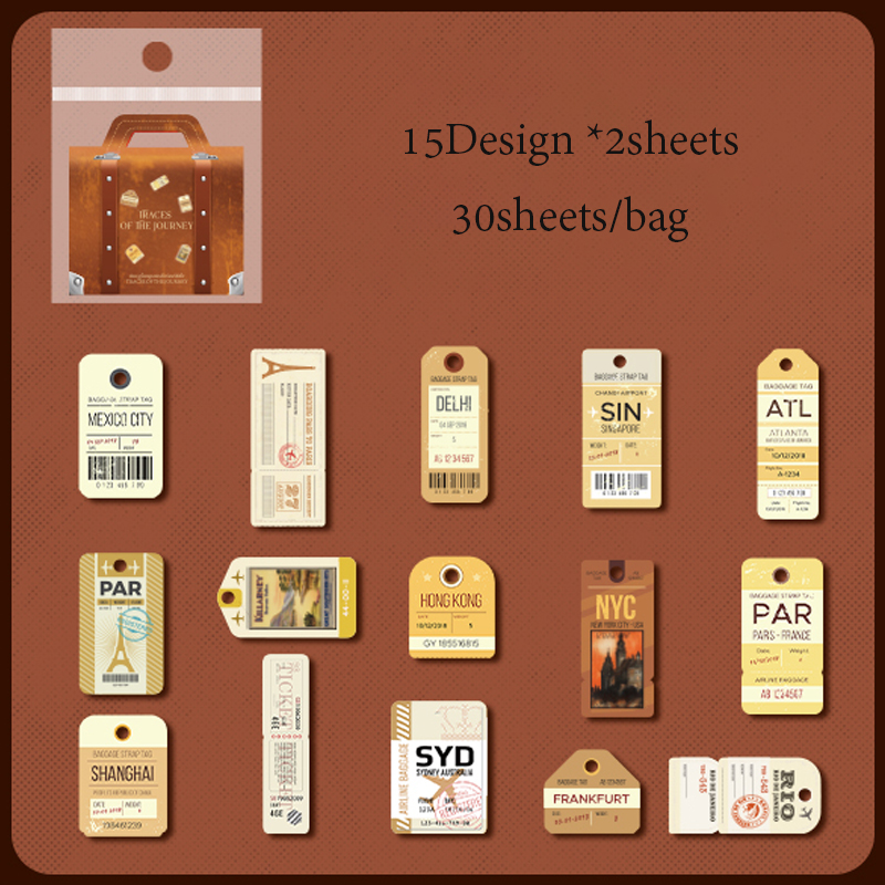 Pegatinas 30 hojas/bolsa, etiquetas de viaje, pegatinas de tarjetas duras, manual de papelería para bricolaje, hecho a mano y decoración de diario de recortes: Borgoña