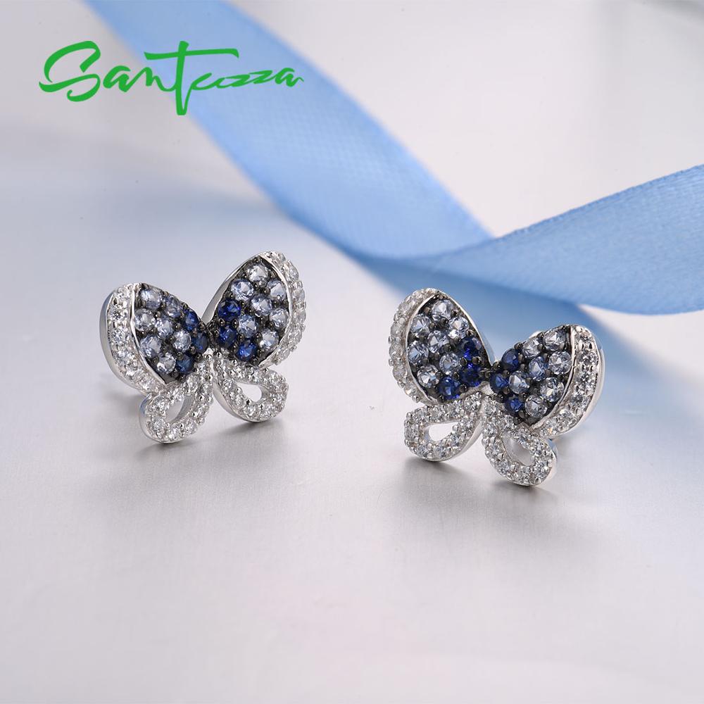 SANTUZZA Silber Ohrringe Für Frauen Echtes 925 Sterling Silber Elegante Blau Schmetterling modisch Zucht Ohrringe серьги Edlen Schmuck