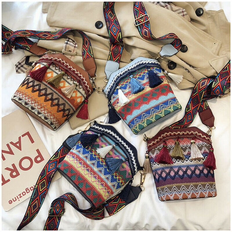 Sac à bandoulière avec pompon pour femmes, ethnique, broderie miroir Hippie, sac à bandoulière