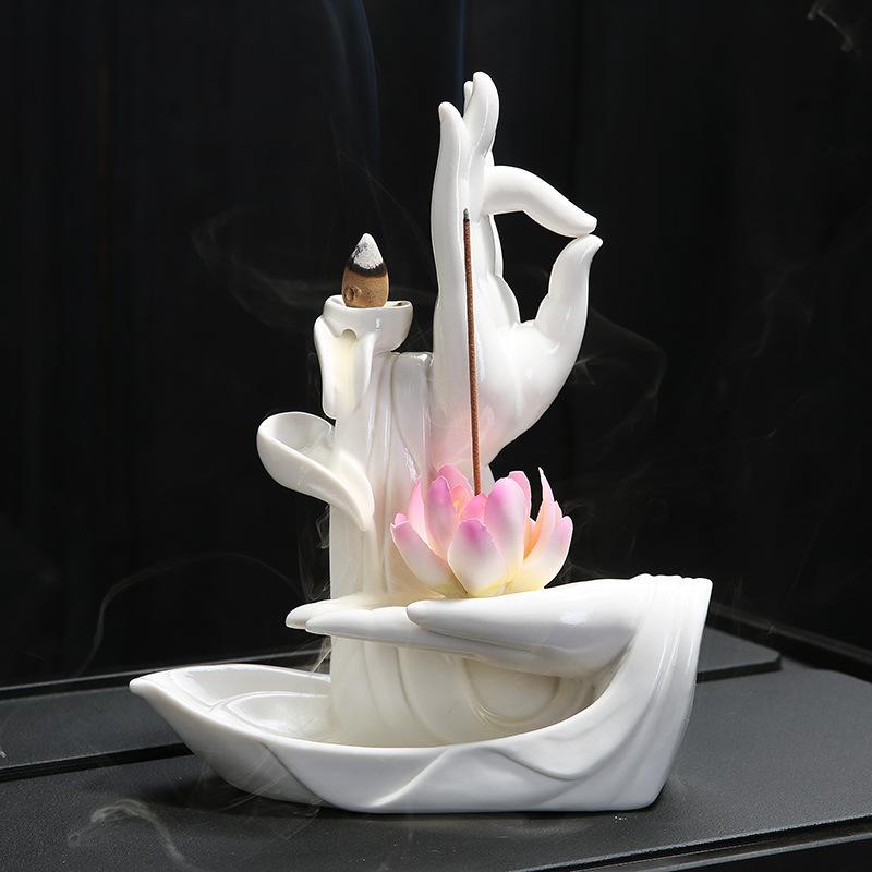 Buda de cerámica blanco quemador de incienso de mano cascada de humo soporte de incienso flor de loto palo incensario decoración budista: 6