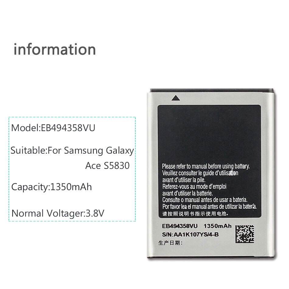 EB494358VU Batterij Batterij Voor Samsung Galaxy Ace S5830 S5660 S7250D S5670 I569 I579 GT-S6102 S6818 GT-S5839i 1350Mah + Tracking Nummer