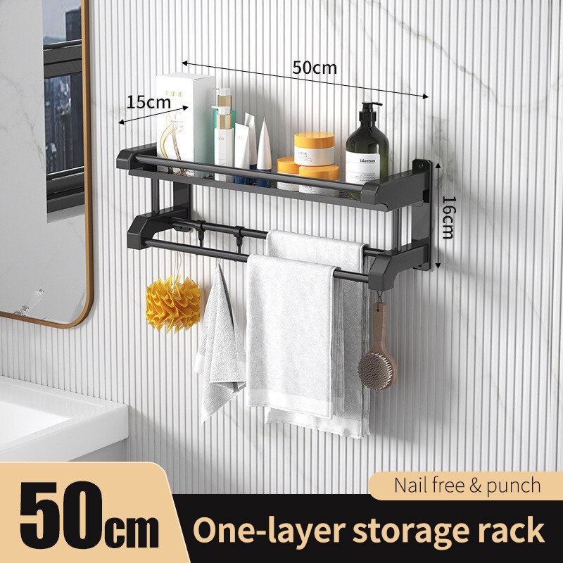 Organizador de baño sin taladro, estante de almacenamiento de ducha, negro, estante colgante de pared, soporte de toalla de inodoro, accesorios de baño: Single layer 50cm