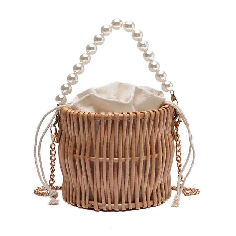 Summer Woven Straw Bags for Women Pearl Chain Round Handmade Rattan Beach Handbag Travel Bohemia Female Shoulder Crossbody Bag