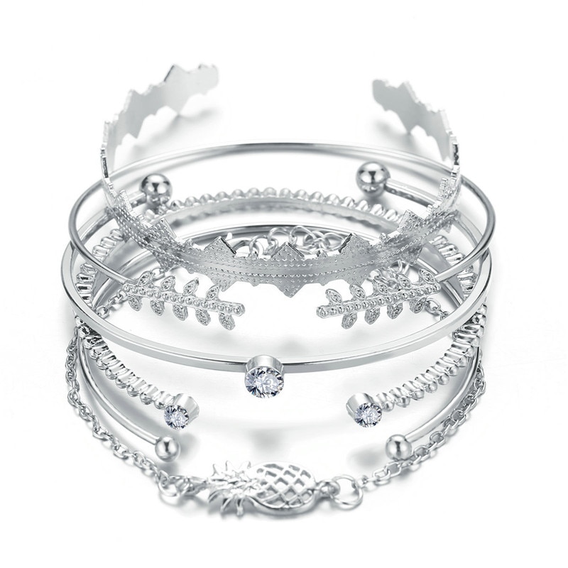 Woozu 6Pcs/set Bohemian Silver Color Pineapple Crystal Opal Open Bracelet Set For Women Punk Boho Beach Bangle Jewelry