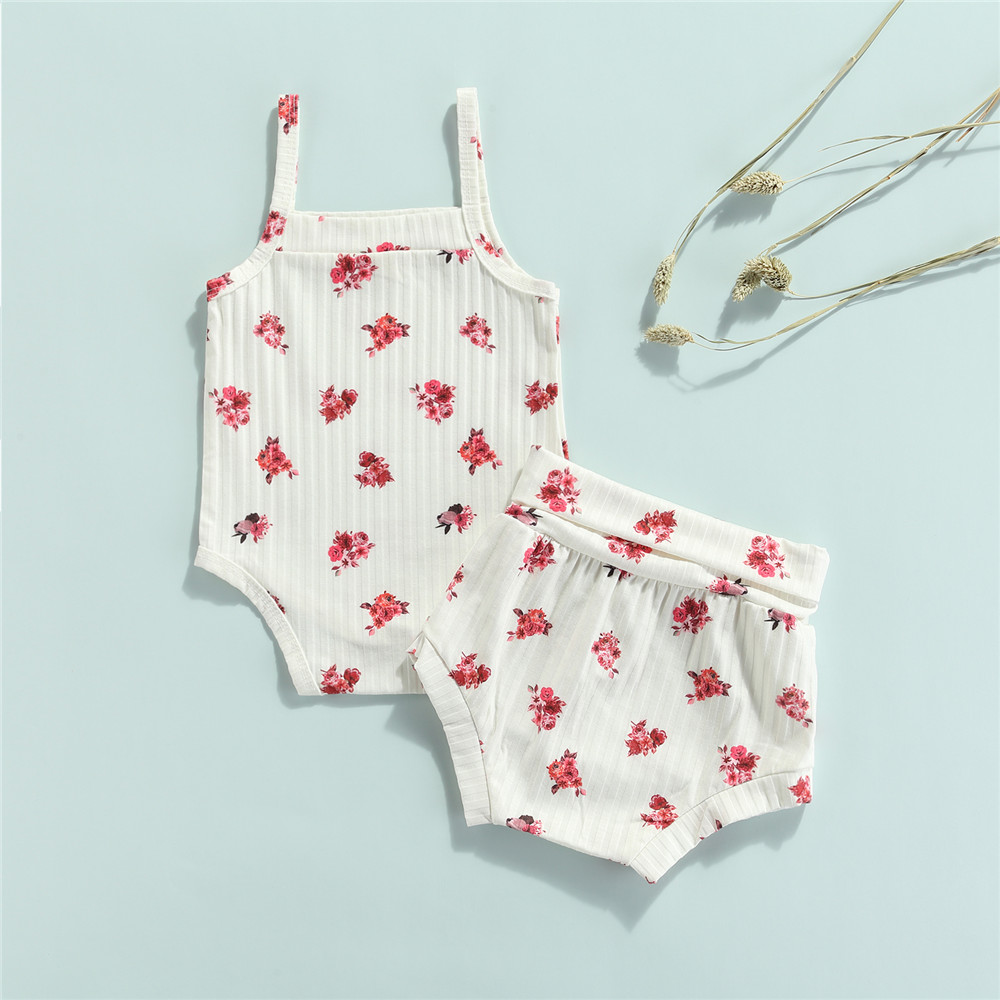 Baby Meisje Kleding Set Zomer Leuke Bloemenprint Mouwloze Romper + Boog Driehoek Shorts Outfits