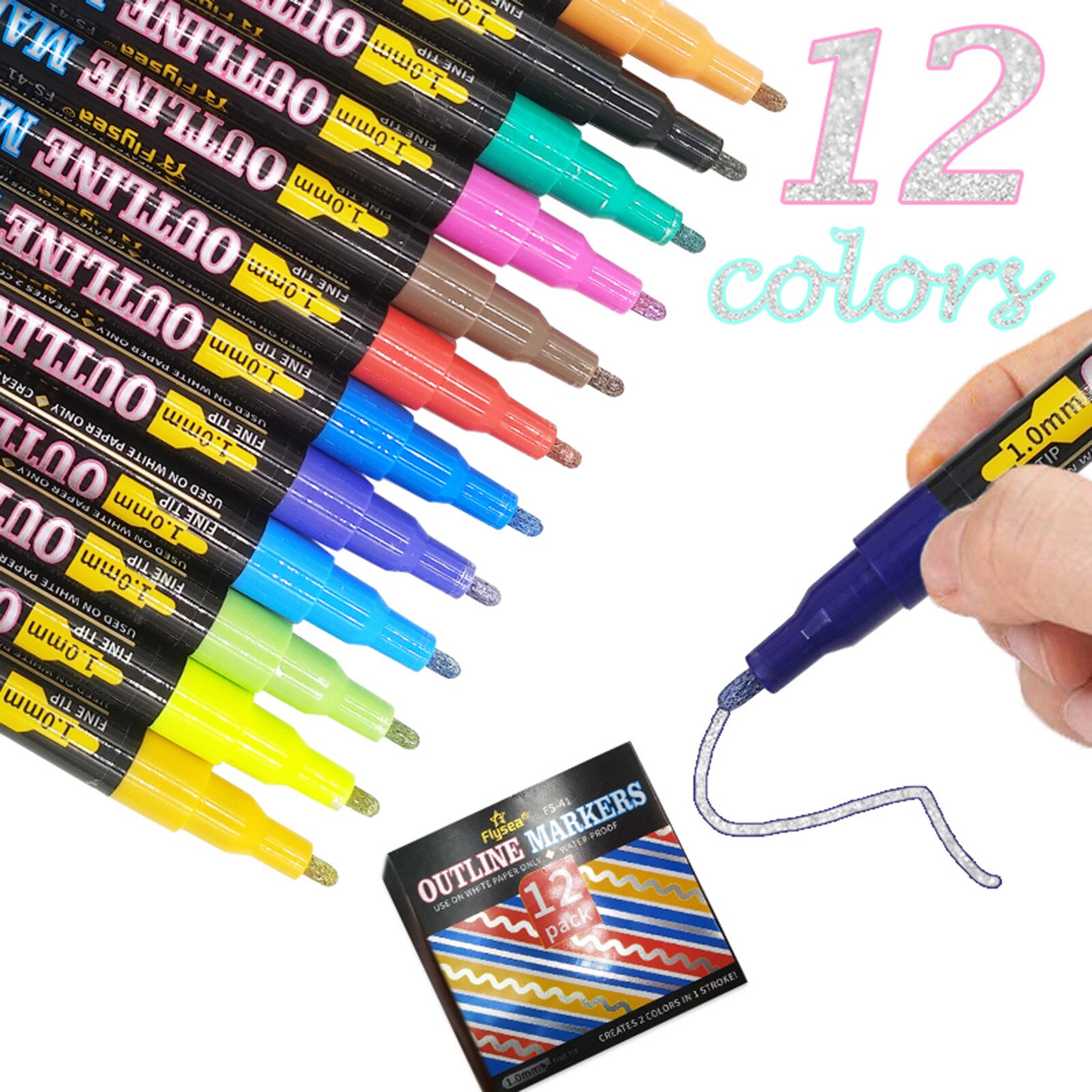 4# 12pc Metallic Markers Paints Pens Art Glass Paint Outline Writing Markers 12ml For School Drawing Painting Art Supplies