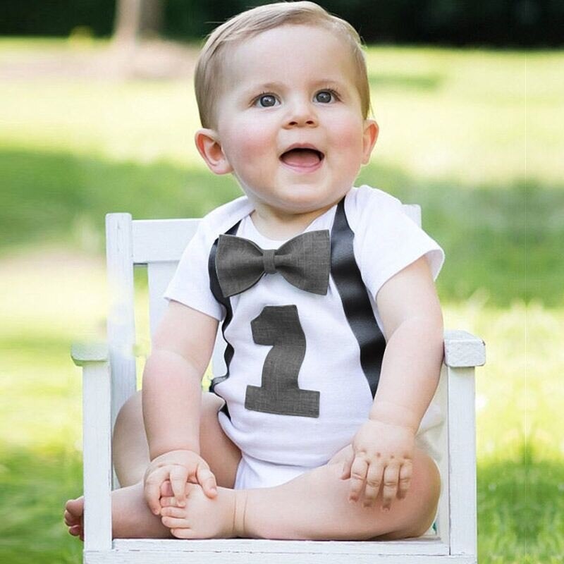 Handsome Short sleeve Bowtie Print First Birthday Bodysuit For Baby Boy