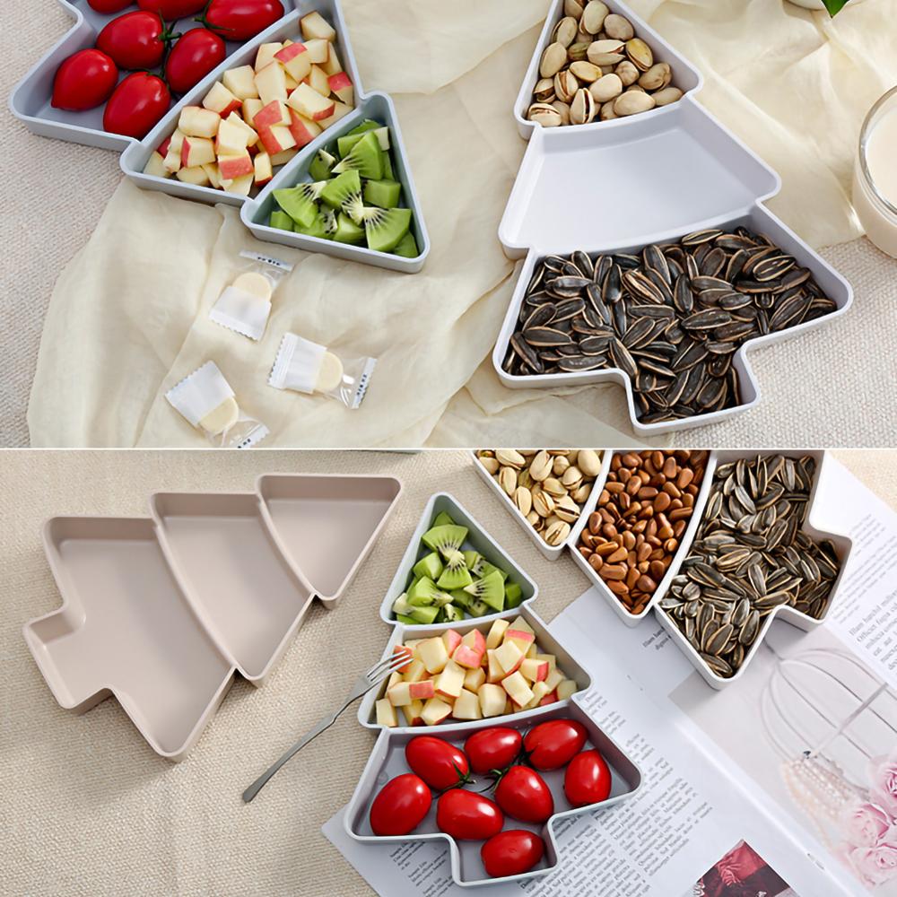 Kerstboom doos snoep snacks noten zaden gedroogd fruit plastic borden schalen kom ontbijt dienblad thuis keuken snoepdoos