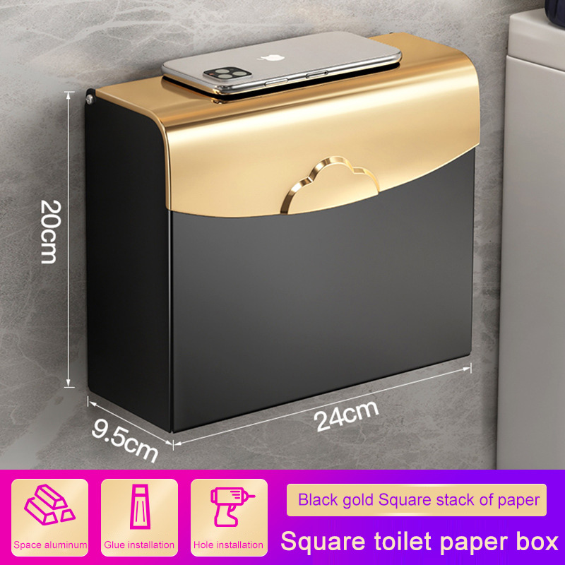 Toilet Paper Holders Wall Mounted Toilet Paper Box Non Perforated Black Paper Roll Paper Towel Rack Toilet Waterproof Household: Black gold C