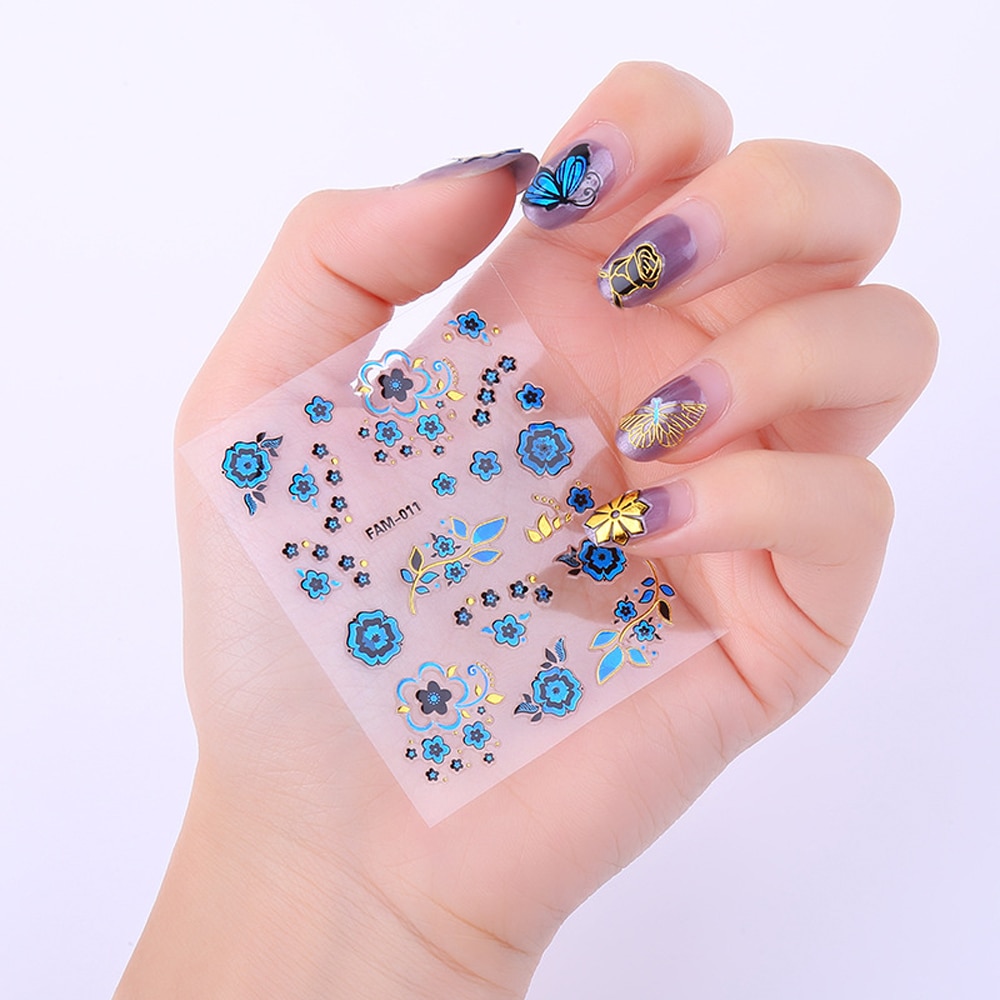 12 Kleuren Van 24 Blauw Rose Vlinder Nail Decals 3D Dazzling Prachtige Blue Nail Stickers