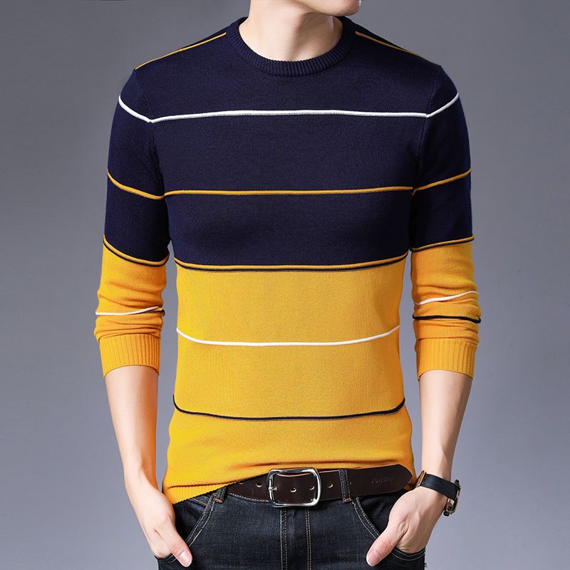 KPOP Style Harajuku Slim Fit Undershirt Casual All Match Knitwear Insert O Neck Stripe Patchwork Long Sleeve Sweaters: XL / green