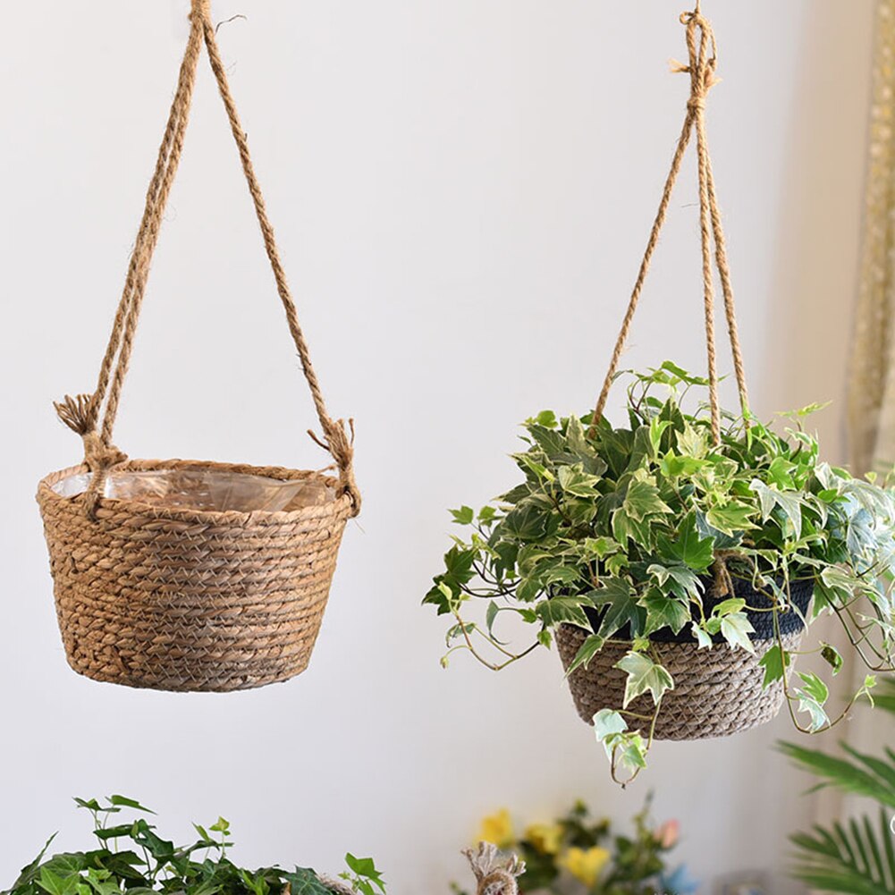 jute tau hengende kurv hengende planter kurv jute tau macrame plante hengende blomster lagrings arrangør til utendørs hage