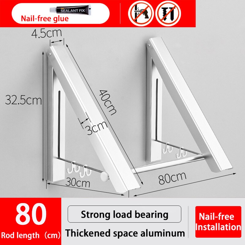 Wall Clothing Hanger Outdoor Folding Drying Rack Telescopic Rack For Clothes Horse Clothesline Balcony Hook Rail Clothes Rods: Nailless Silver 80cm
