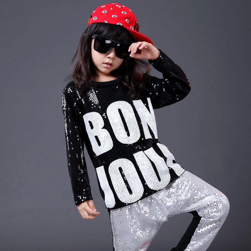 Child hip hop jazz modern dance Paillette clothing hip hop kids Sequined t shirt performance wear child costume