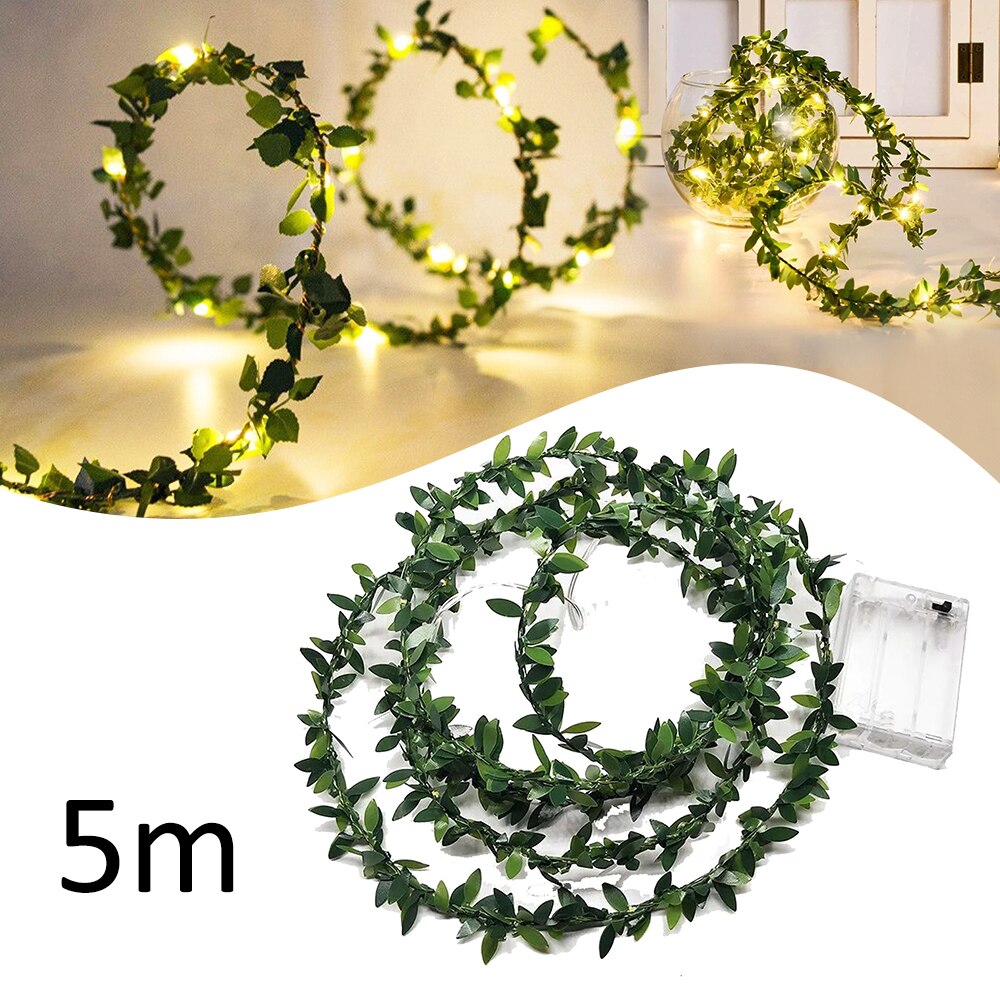 2M/3M/5M Green Leaf Garland String Lights LED Flexible Copper Wire Artificial Leaf Vine Lights For Wedding Party Christmas Decor: 5M