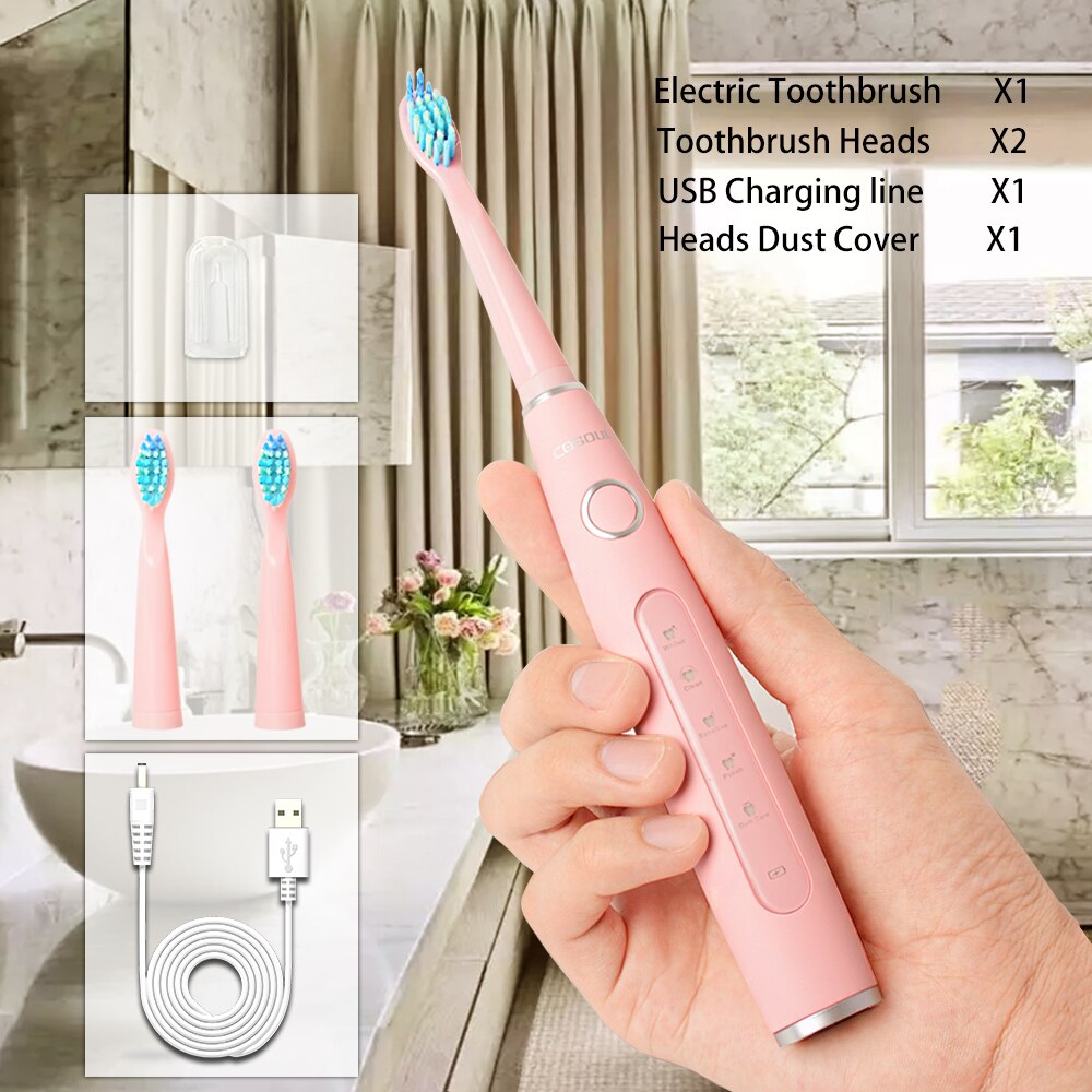 COSOUL-cepillo de dientes eléctrico para hombre y mujer, cepillo dental sónico para limpieza, blanqueador, 5 modos, recargable 40000 veces/min, automático, impermeable: Pink