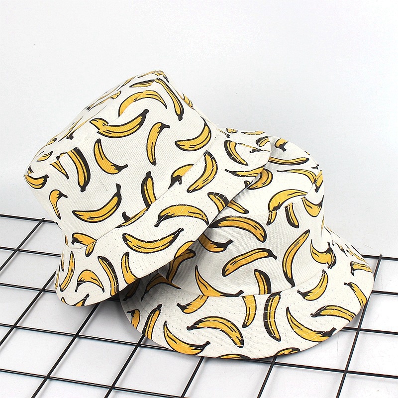 -Verano sombrero cubo para el aire libre Unisex verano cubo gorra dibujo de plátano pescador pescando sombrero Casual sombreros planos blanco