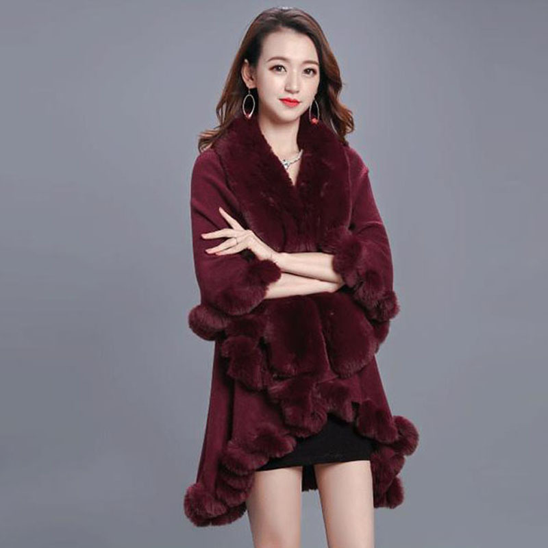 Cárdigan con cuello de piel de conejo sintética para mujer, de 2 capas capa larga, Poncho cálido y suelto, abrigo de invierno, 10 colores: Borgoña