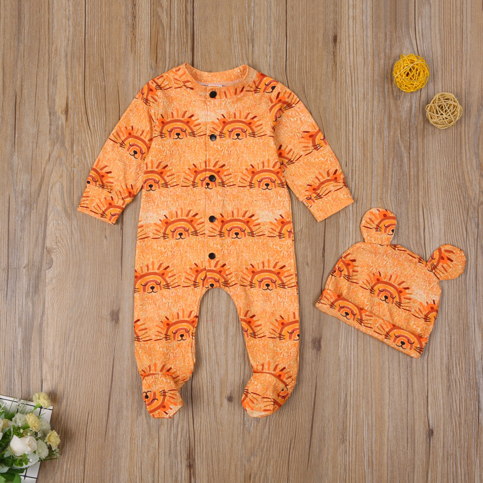 Set di vestiti a due pezzi per neonato da bambina per neonato Set di tute con colletto tondo con motivo arcobaleno leone arancione + cappuccio 0-12 mesi