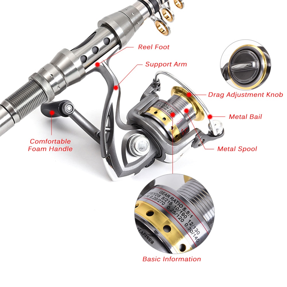 Telescopic Fishing Rod Spinning Reel+Line+Lures Hooks Combo Full Kit with Bag