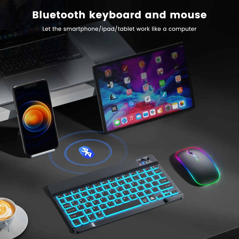 RGB-Bluetooth-Tastatur- und Maus-Set, kabelloses Mini-Tastatur- und Maus-Set, wiederaufladbare russische Tastaturen, 25,4 cm, für iPad-Tablet