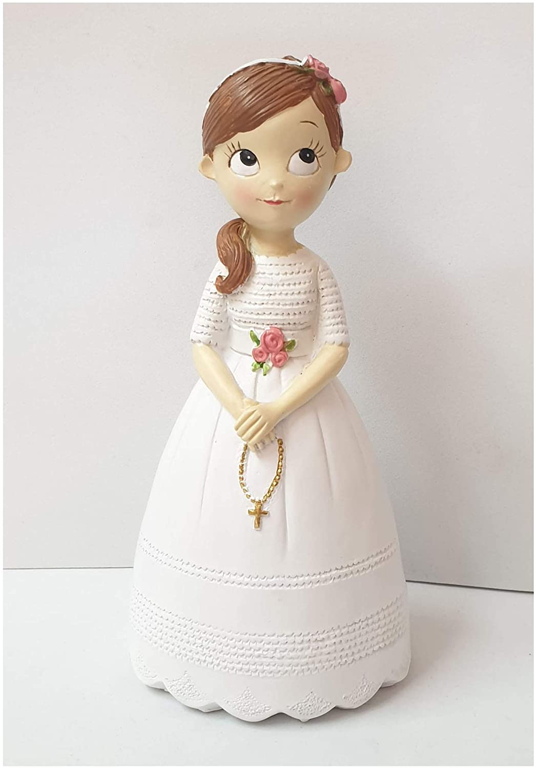 Figure DE TARTA DE la première communion. Robe blanche pour petite fille, avec COLETA Y ROSARIO. Détail et souvenir pour le gâteau DE première communion.