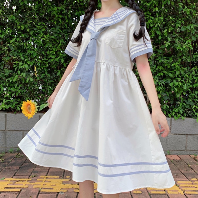Japanilaistyylinen college-tyylinen lyhythihainen tytön mekko nainen kesä löysä makea ikää vähentävä jk merimies kaulusmekko: Taivaansininen