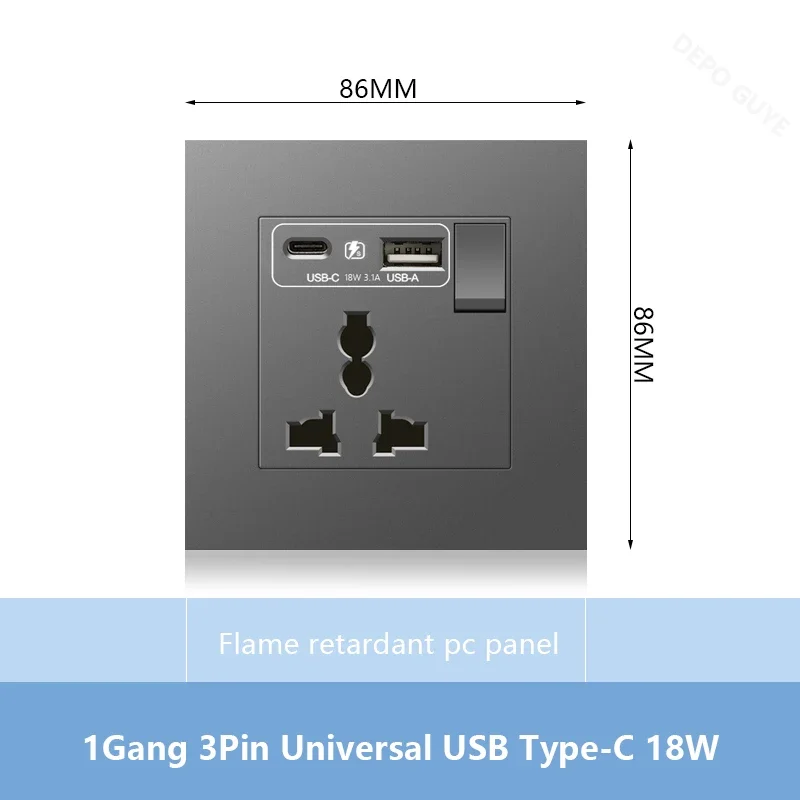 Universal 18W Type-C Plug Quick Charging Dual 3-pin Power Socket 220V,Wall electrical Socket with DC 5V 3.1A Type-c USB Charger: Khaki