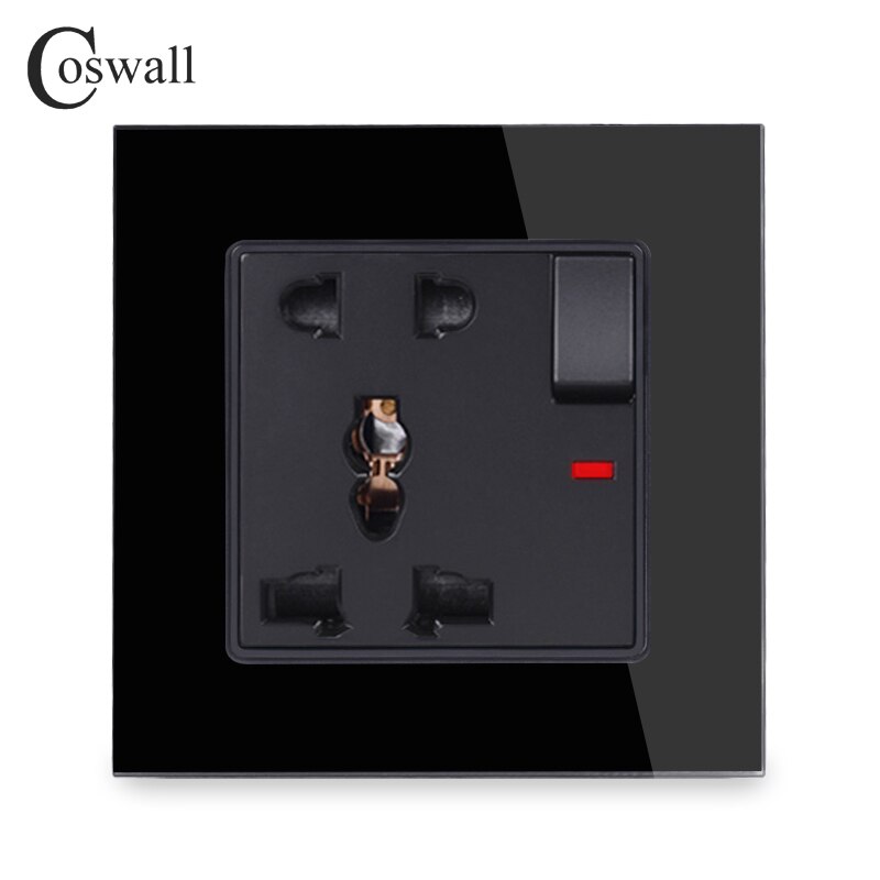 COSWALL Glass Panel 1 Gang 13A Universal 5 Hole Switched Socket With Neon Grounded With Children Protective Door C1 Series: Black