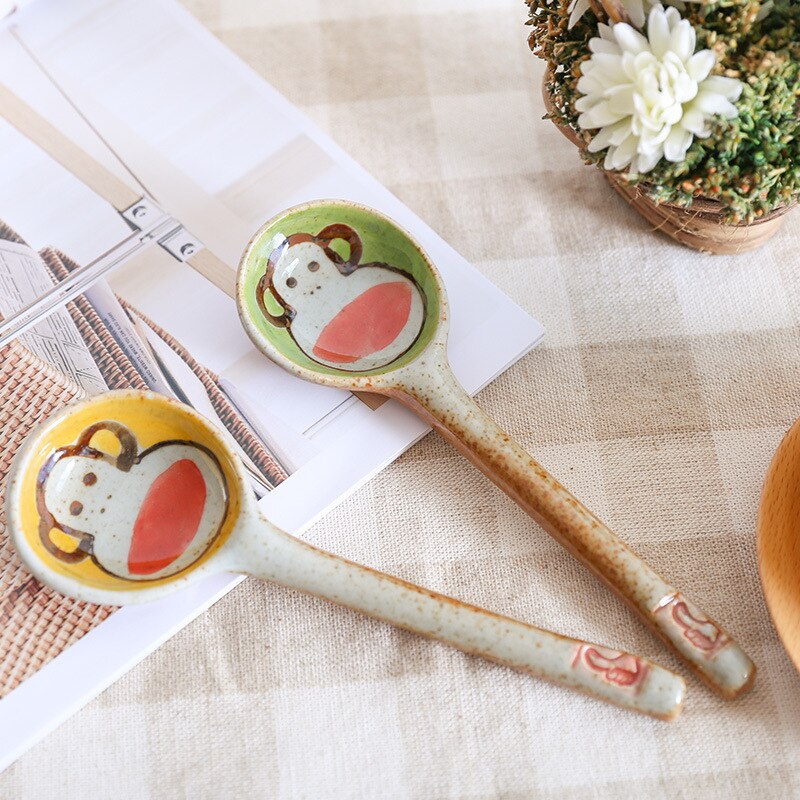 Handmade Ceramic Spoon Hand Painted Japanese Cartoon Cat Household Product Long Handle Spoon Kitchen Tableware 1 Piece: random style4