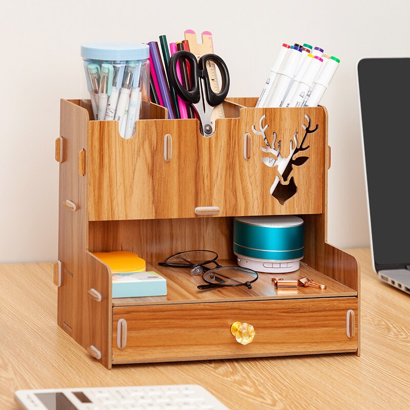 Pen holder Nordic ins storage box creativity office,desk stationery box wooden large capacity rack wooden book box: A brown