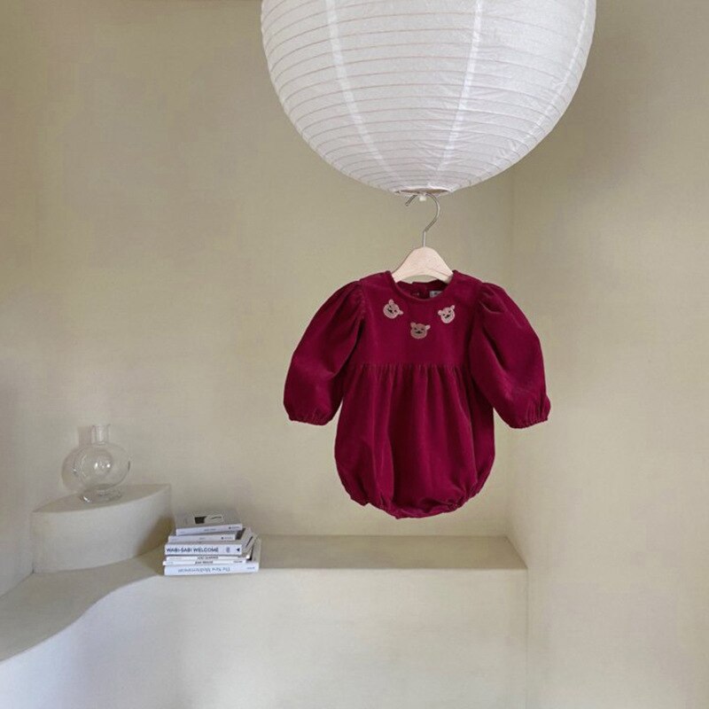 Baby Bodysuits Leuke Kleine Beer Borduren Lange Mouw Baby Meisjes Bodysuit Losse Kids Jongens Jumpsuit Lente Kleding: Y9102red / 12M   80cm