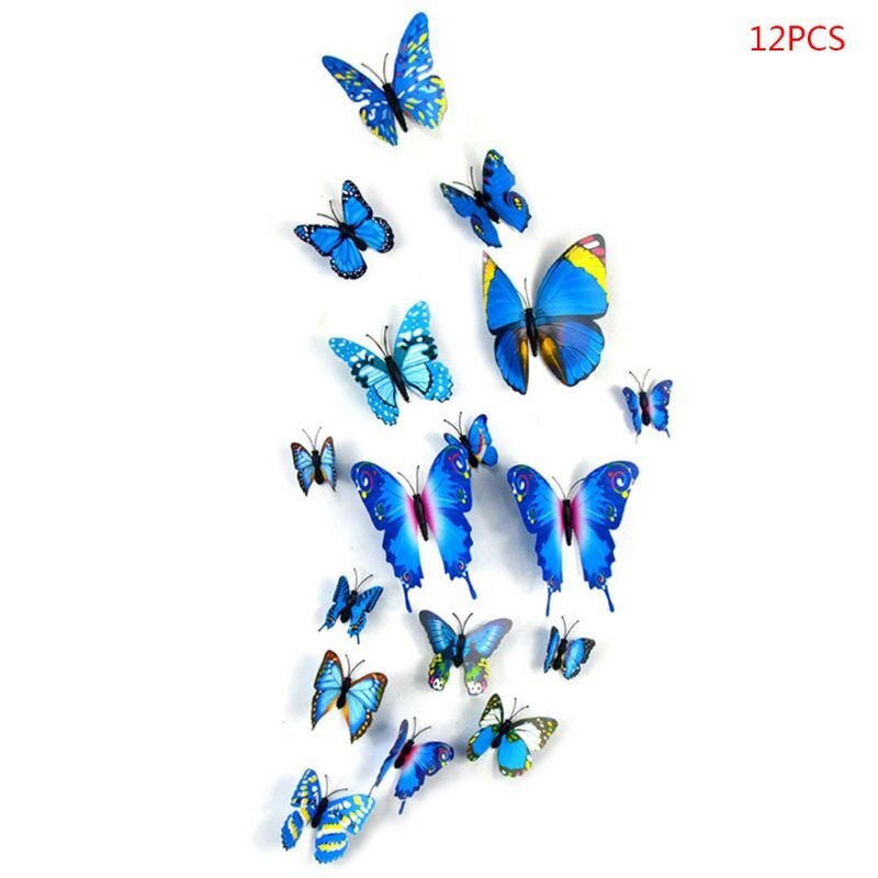 12 Stks/partij 3D Vlinders Sticker Pvc Bruiloft Muur Spiegel Muurschildering Stickers Decor: Blauw