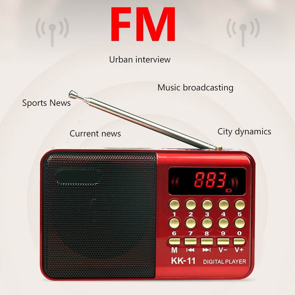 Mini Portable Radio Handheld USB Rechargeable Radio FM USB TF MP3 Player Digital Speaker Telescopic Antenna with Charging Cable