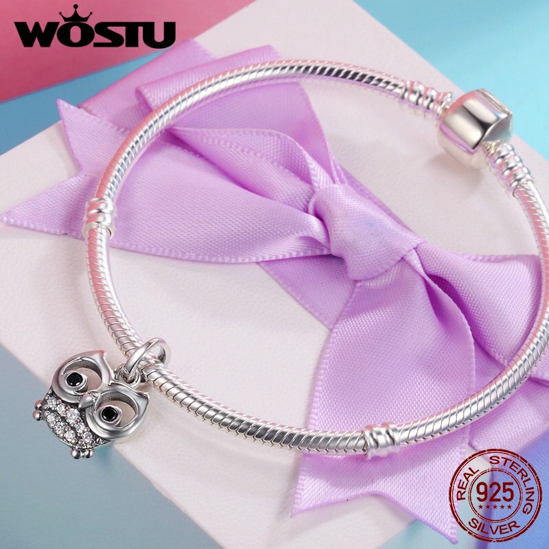 WOSTU di Modo di Marca 925 sterlina d'argento Bella Gufo Pendenti con Gemme E Perle in forma originale Braccialetto di Fascino Europeo Gioielli FAI DA TE Regalo di bene CQC341