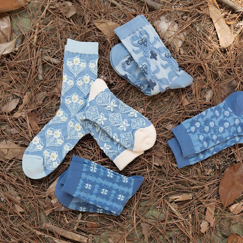 5 Pairs Vrouwen Sokken Set Herfst Winter Bloemen Printing Katoen Harajuku Blauwe Accessoires Geometrie Hartvormige Femme Sokken Kawai