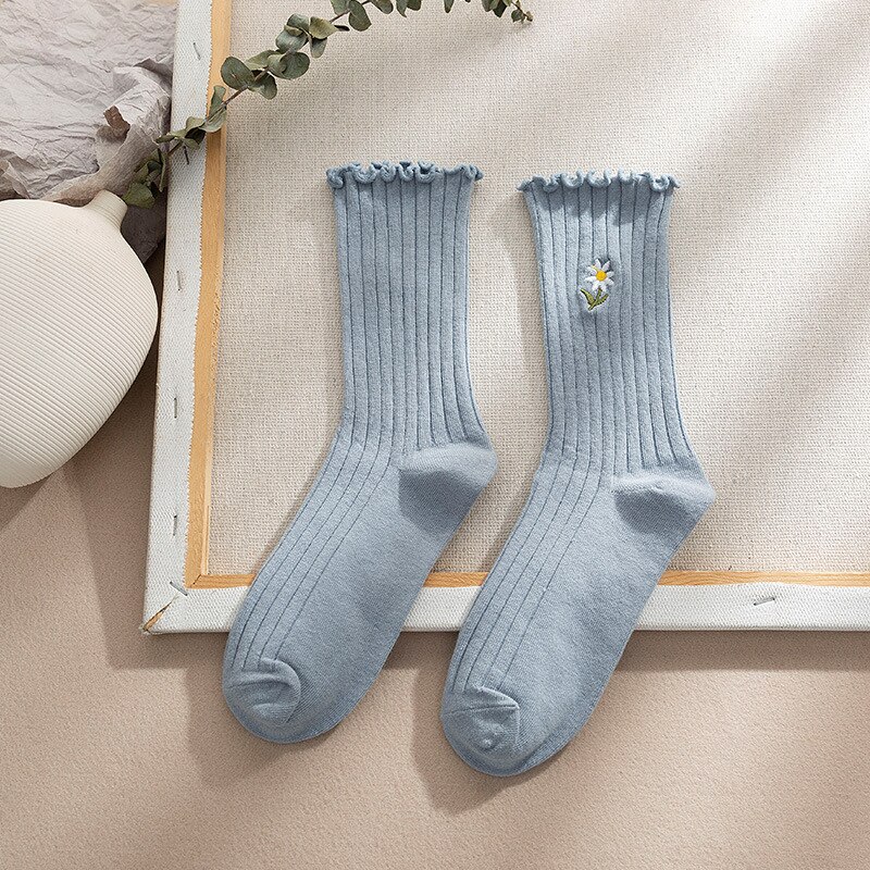 CHAOZHU Summer Spring Thin Loose Socks Daisy 8 Colors Long Women Sox Sweet Cute Cotton Knitting Rib Korea Japanese: blue