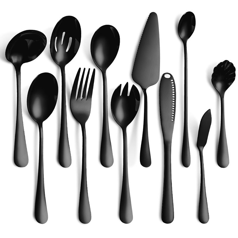 Couverts colorés en acier inoxydable, 6-24 pièces, couteau, fourchette, cuillère, service de table, vaisselle en or, service de table, ustensiles de cuisine: Black-11PCS
