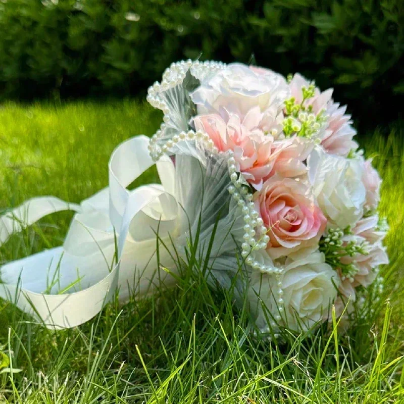 1pc buquês de casamento rosa para noiva, buquês brancos para noiva dama de honra decoração do dia dos namorados pérola renda malha rosa flor