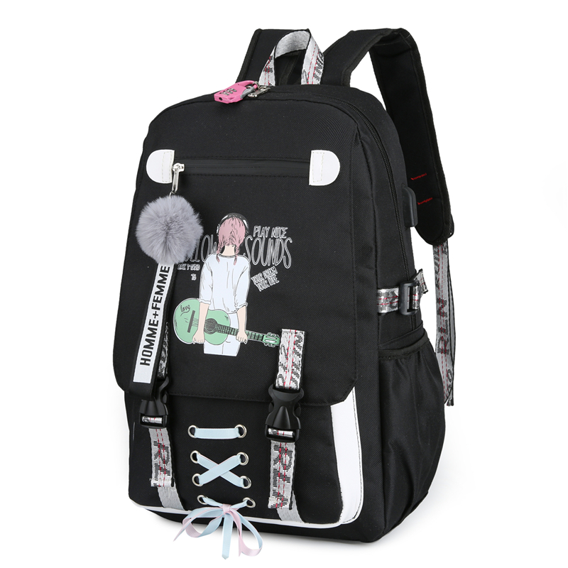 Store skoletasker til teenagepiger usb med lås holdbar åndbar udskrivning søde skole rygsæk piger solid lynlås skoletaske: Sort