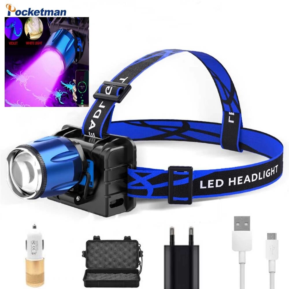 UV LED Purple Headlamp 395nm Battery built-in USB Charger Sensor Headlight Torch Head Catching Scorption Torch Headlamp