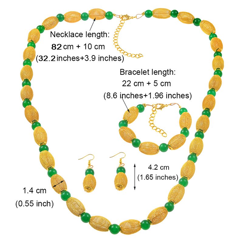 Anniyo 82cm collares de cuentas gruesas/22 cm pulseras y pendientes para las mujeres de Color oro Bola de joyería conjuntos de africana #171706: Green Beads